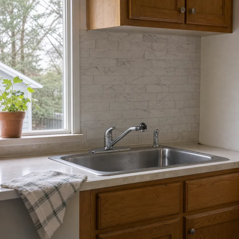A marble-look adhesive tile accent runs behind a sink in a small rental kitchen.