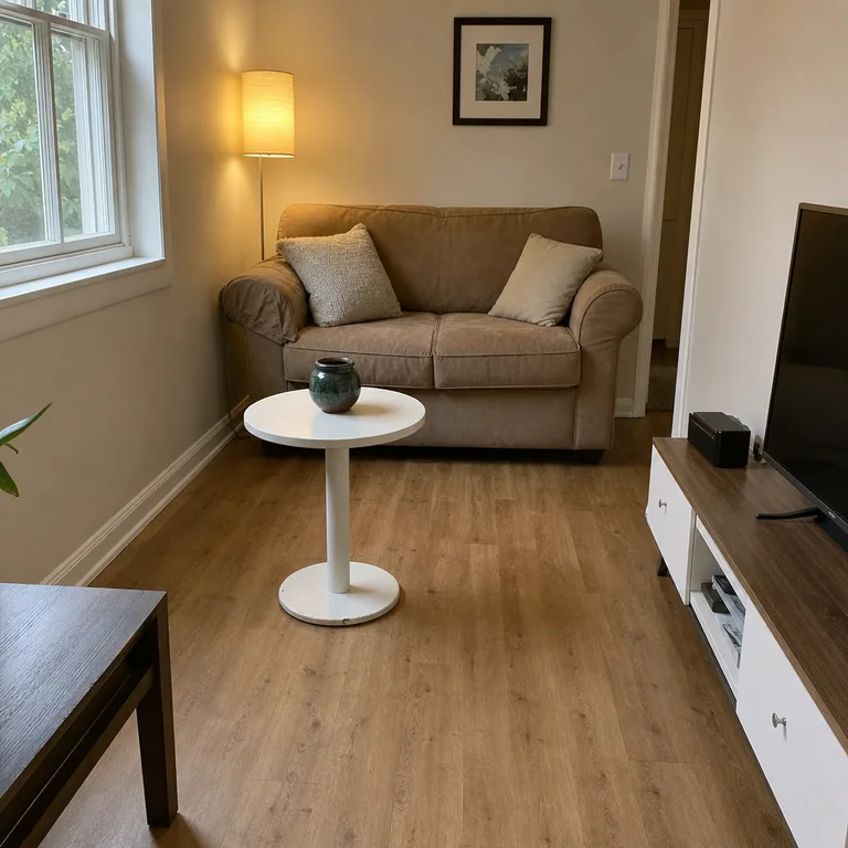 A small white pedestal table provides one central surface without splayed legs in the walkway.