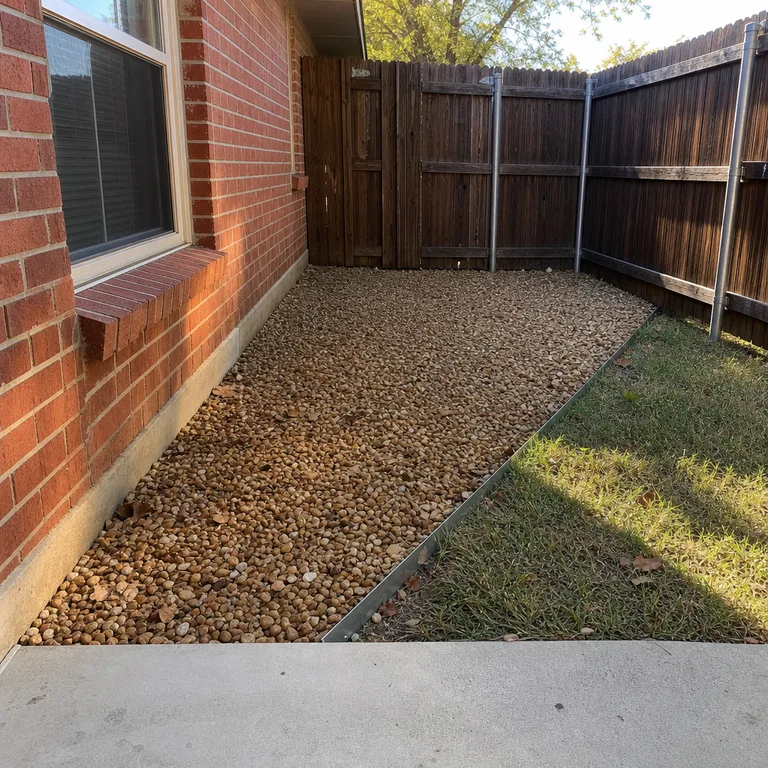 Tan pea gravel fills a small corner beside a brick house and concrete patio.