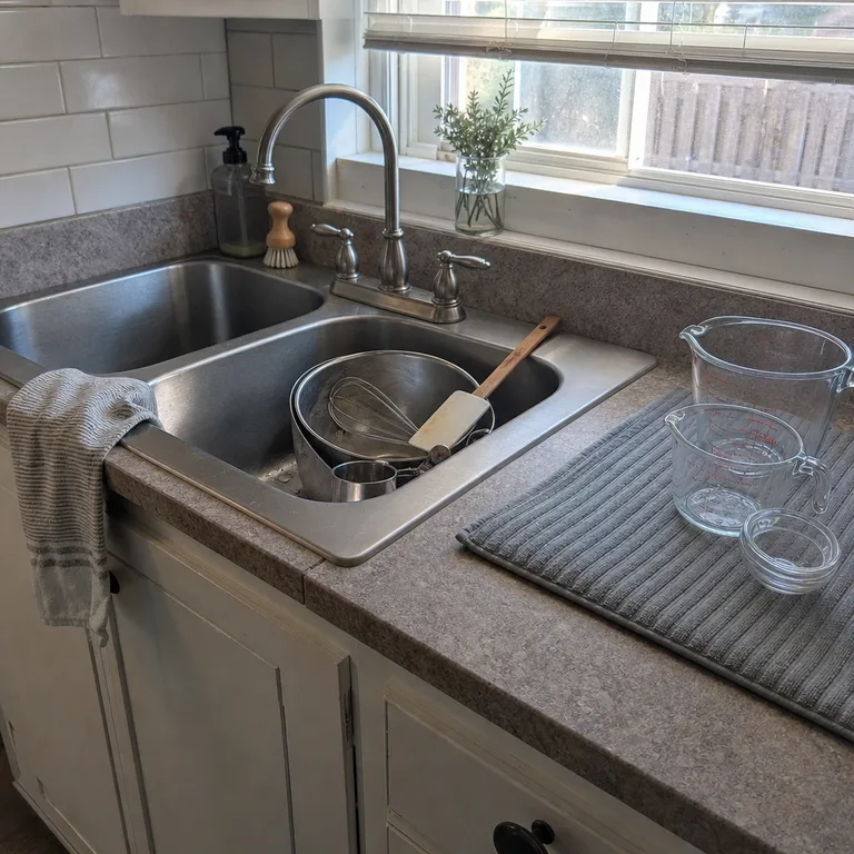One side of a double kitchen sink contains used baking tools while washed cups dry on a mat beside it.