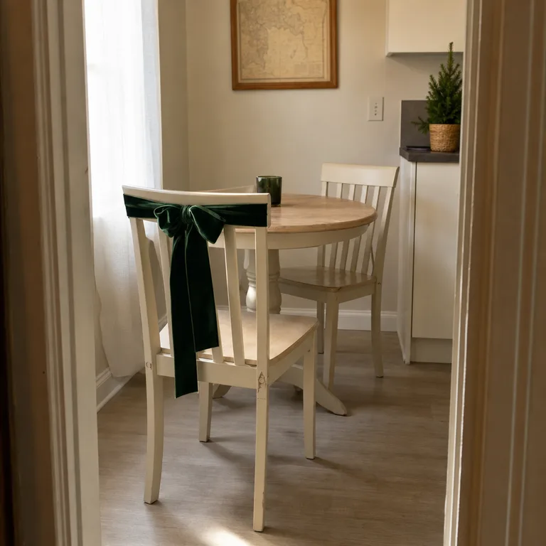 A deep green velvet bow tied around the top rail of a plain painted dining chair in a small kitchen.