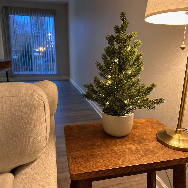 A small Christmas tree in a ceramic planter sits on a wooden side table beside a sofa.