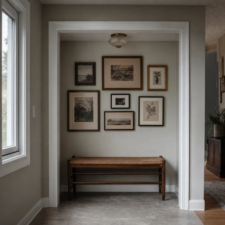 A compact mismatched-frame gallery wall contained inside a recessed living-room niche.