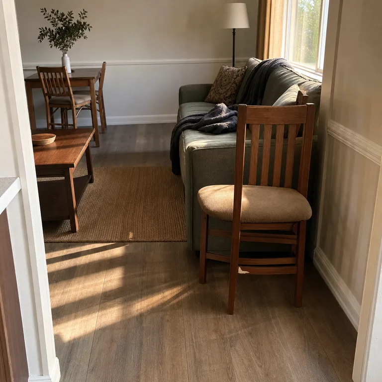 A wooden dining chair placed beside a small living-room sofa as extra guest seating.