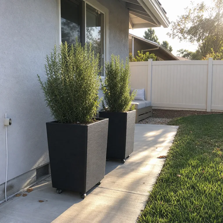 Two wheeled black planters form a movable boundary between a small patio seating area and lawn.
