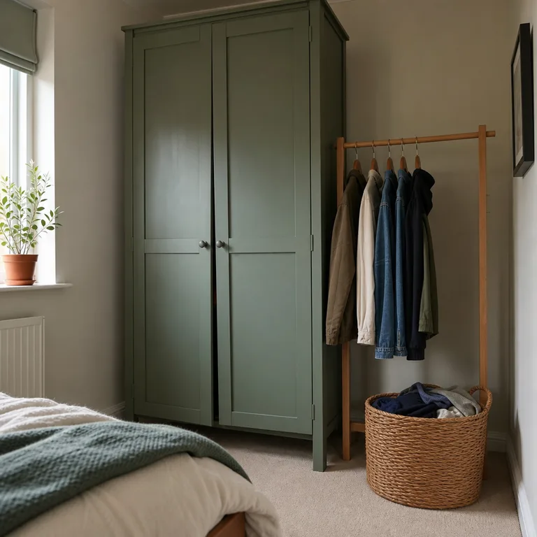 A closed freestanding wardrobe beside a small oak open rail in a bedroom.