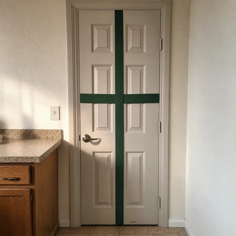 A pale gray pantry door is decorated with a simple green ribbon arranged like gift wrap.