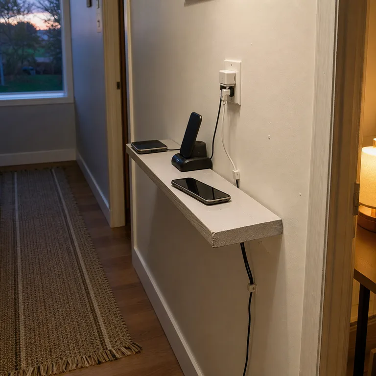 A narrow wall shelf beside an outlet holds phones and a charging dock in a small entry.