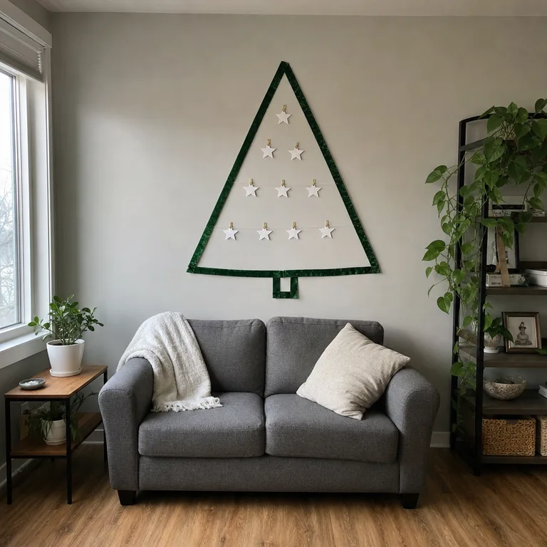 Green velvet ribbon forms an outlined wall Christmas tree above a compact loveseat.