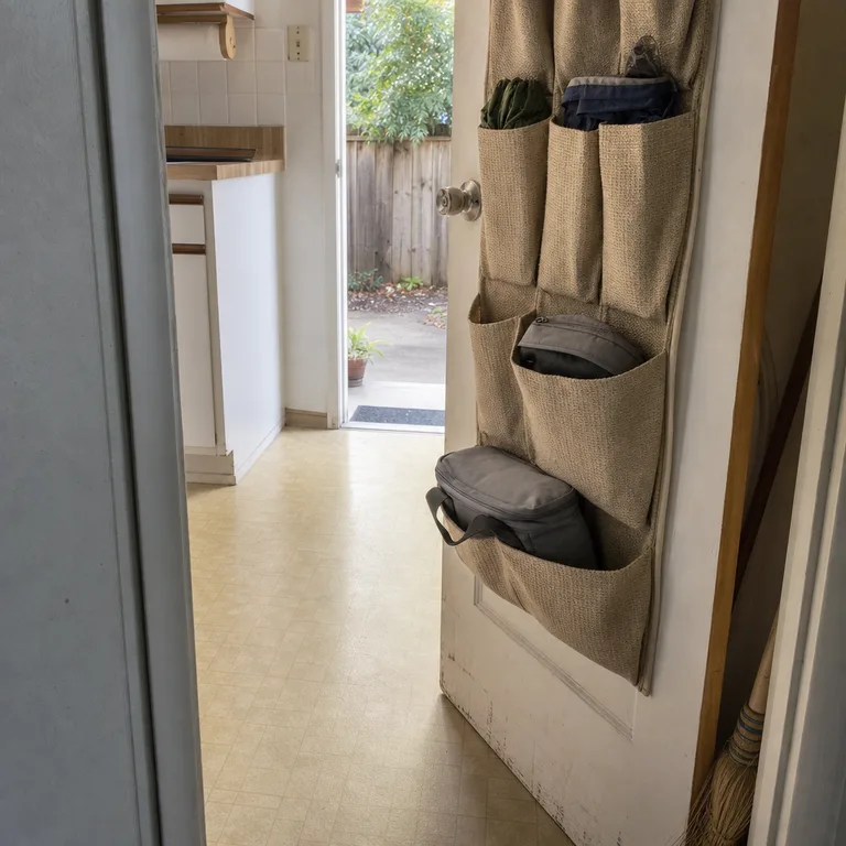 An over-door pocket organizer in a kitchen closet holds folded reusable bags and separate insulated totes.