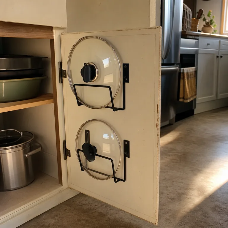 Pot lid holders mounted on the inside of a lower cabinet door.