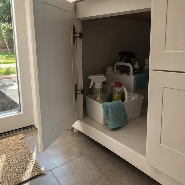 Handled cleaning caddy stored in an under-counter corner cabinet.