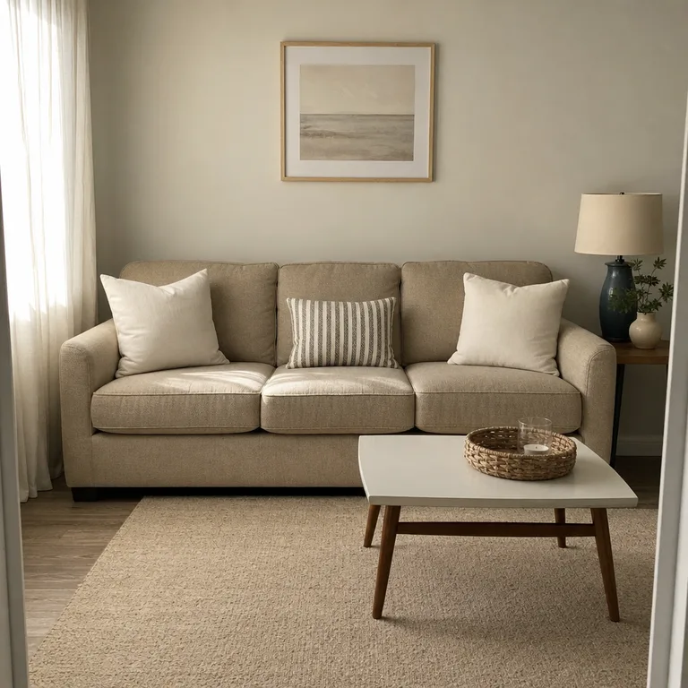 An oatmeal sofa with two ivory square pillows and one narrow charcoal striped square pillow in the center.