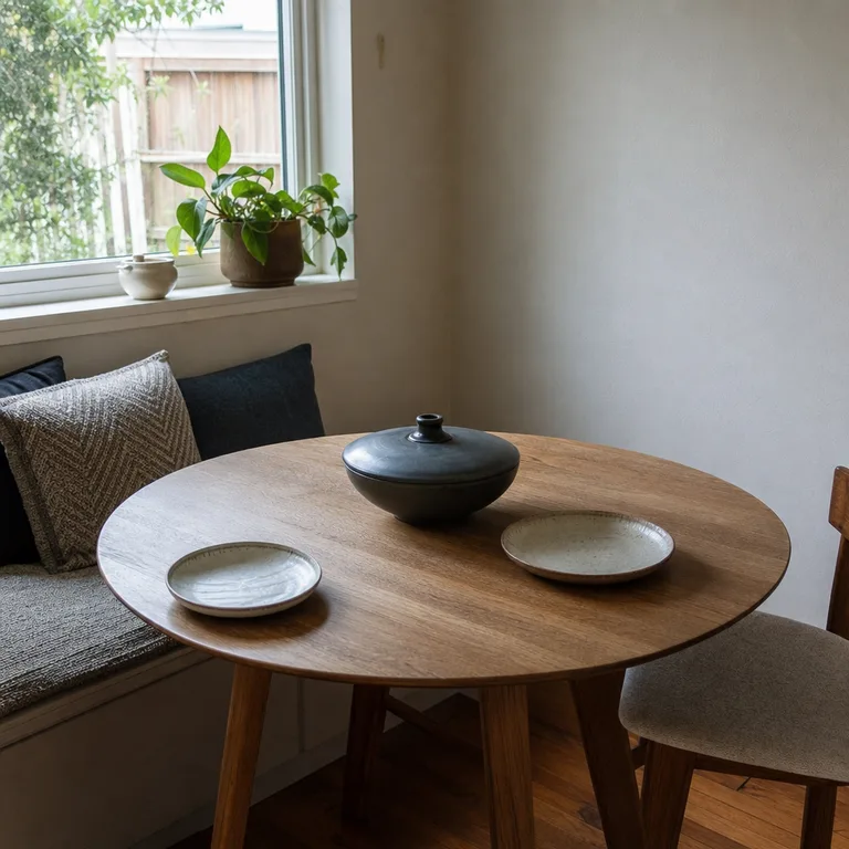 Lidded bowl centered on a small round dining table set for two.