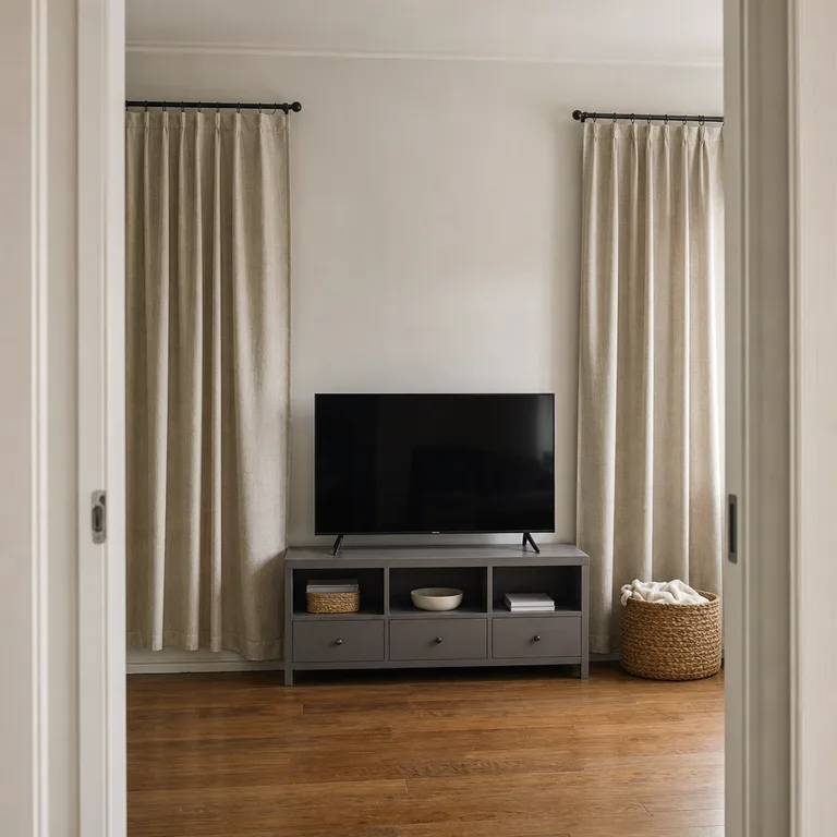Stationary oatmeal curtain panels frame a TV and gray console on a blank living room wall.