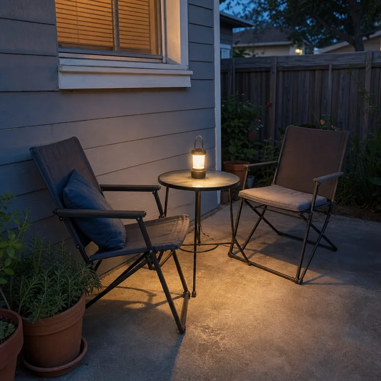 A rechargeable lantern on a small patio table lights two folding chairs at dusk.
