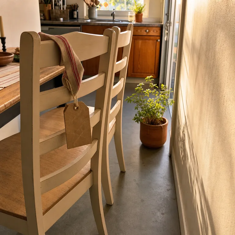 A red linen strip and blank kraft gift tag looped around the upper rung of a beige ladder-back chair.