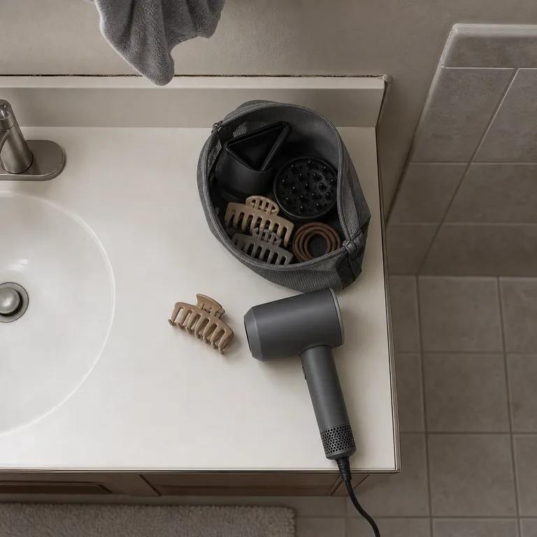 A mesh zip pouch holding hair-tool attachments and clips beside a cooled dryer on a bathroom counter.