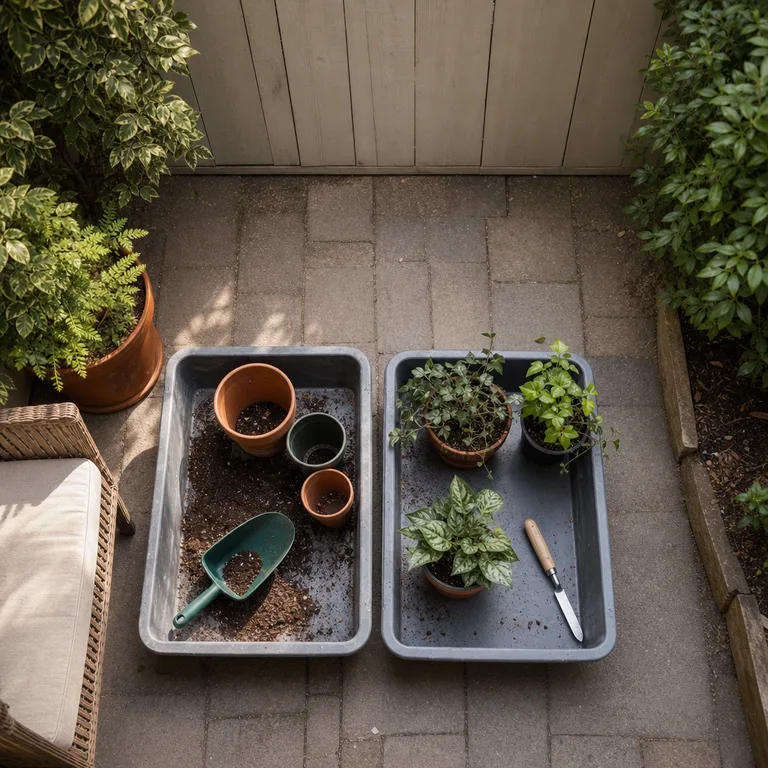 Two trays separate loose potting soil from finished potted plants on a paved patio.