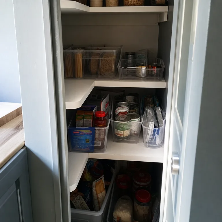 Clear back-stock bins hold pantry refills at the back of a corner cabinet.