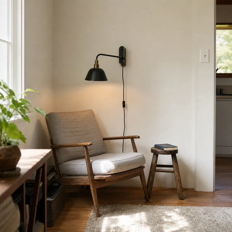 Low lounge chair with a wall-mounted reading light and small stool in a tight corner.