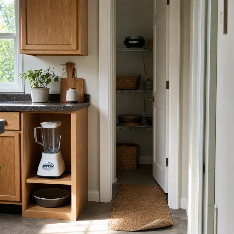 A blender in an easy-access kitchen shelf and a waffle maker in a secondary pantry zone.