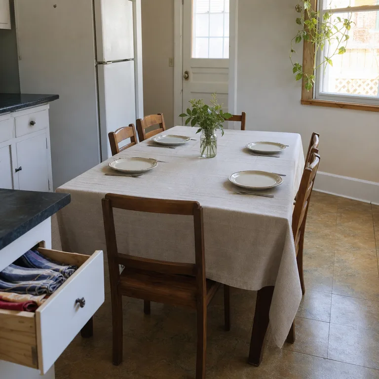 Casual tablecloth and place settings on a kitchen table with folded linens stored nearby.