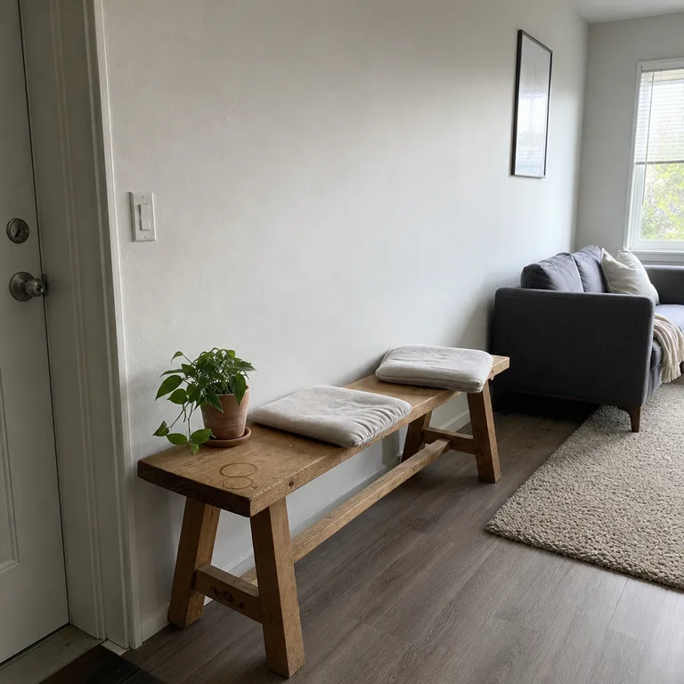 A slim backless bench against the wall adds seating in a narrow small living room.