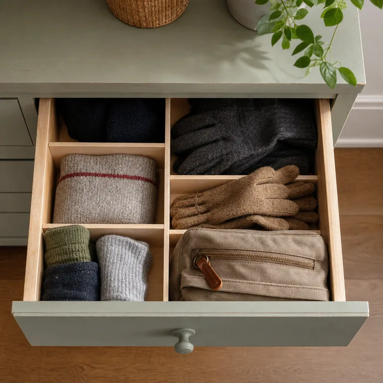 A dresser drawer divided into sections for folded seasonal accessories and small clothing items.