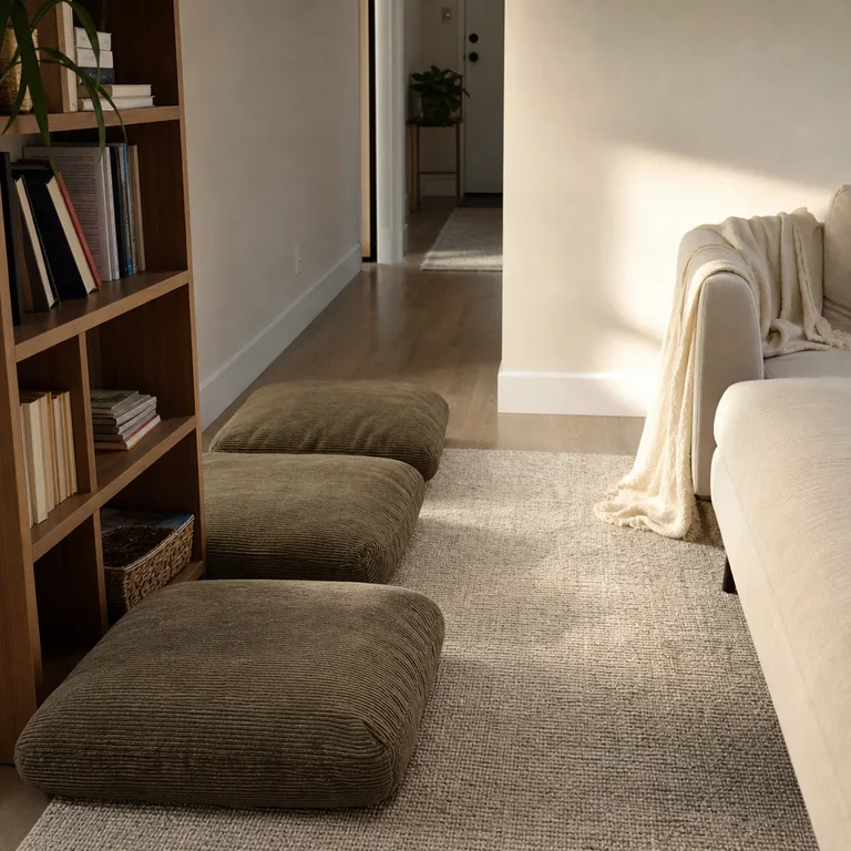 Firm floor cushions arranged beside a rug add flexible guest seating without blocking the apartment hallway.