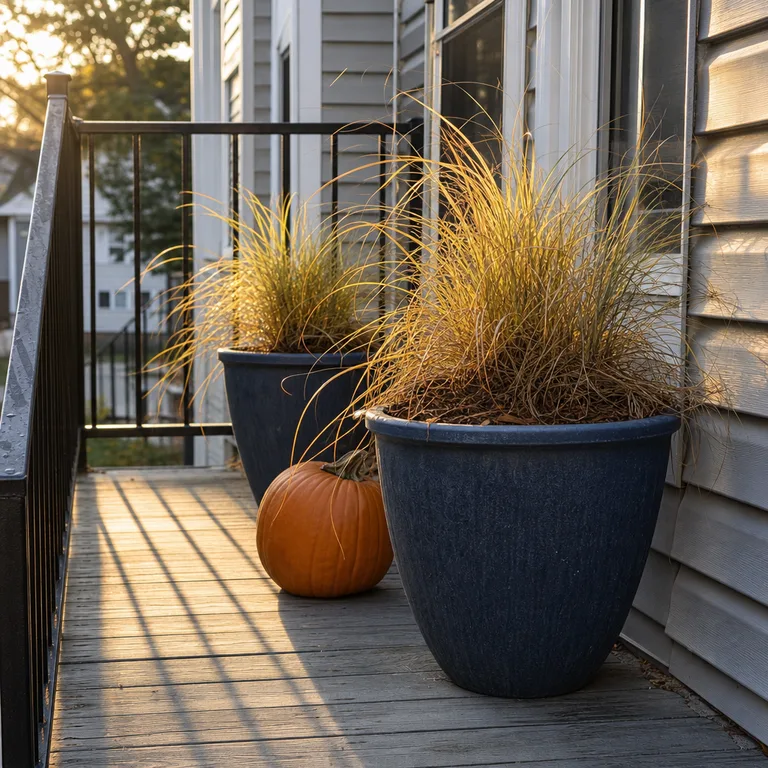 Navy resin porch planters holding golden sedge and pumpkins beside a black railing.