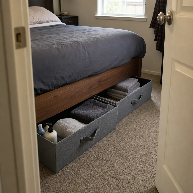 Fabric under-bed drawers storing folded guest towels and household toiletries.