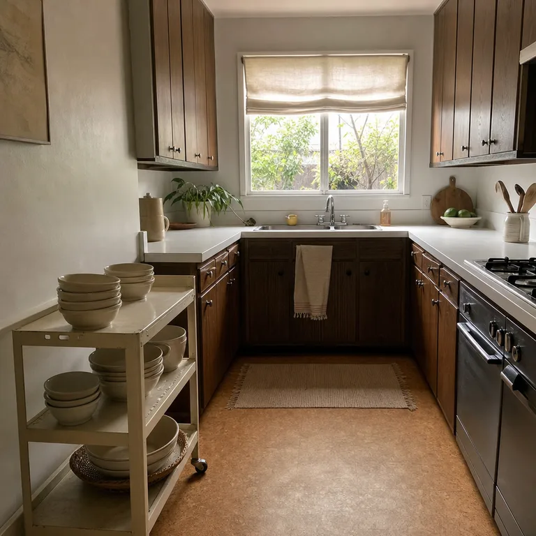 Dark oak kitchen softened by a cream Roman shade, cream dishware, and utility cart.