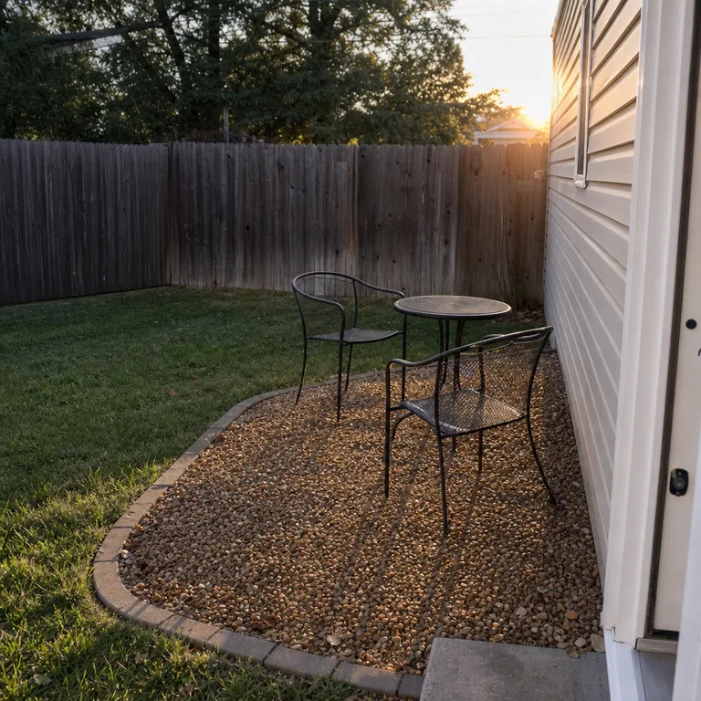 A small edged gravel sitting area replaces a corner of backyard lawn.