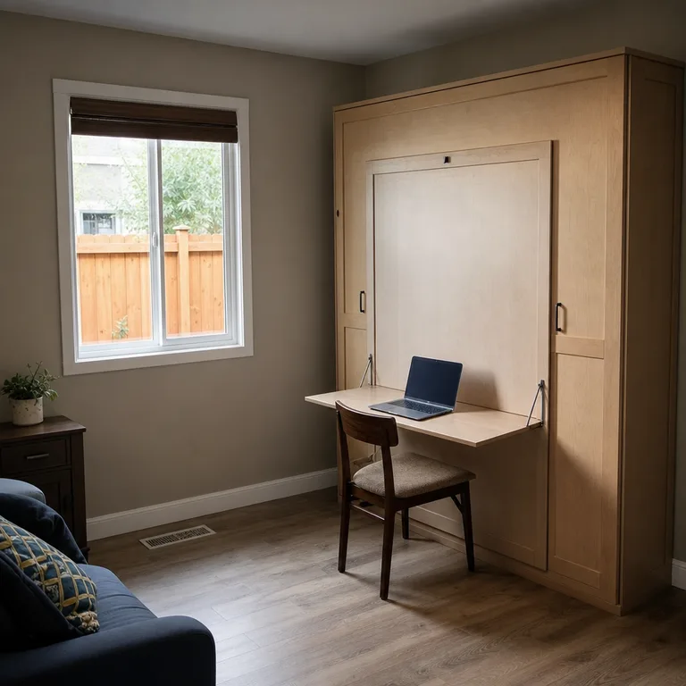 Compact office with a closed wall bed cabinet and fold-down desk.