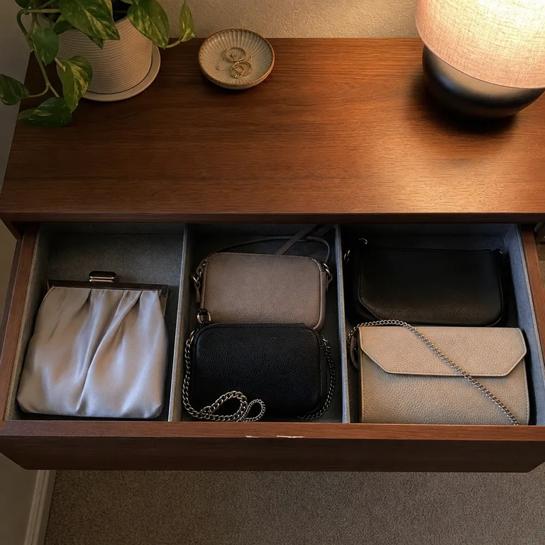 Clutches and small crossbody bags separated in a felt-lined dresser drawer.