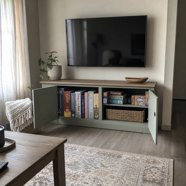 Board games stored in original boxes inside a closed living room media cabinet.
