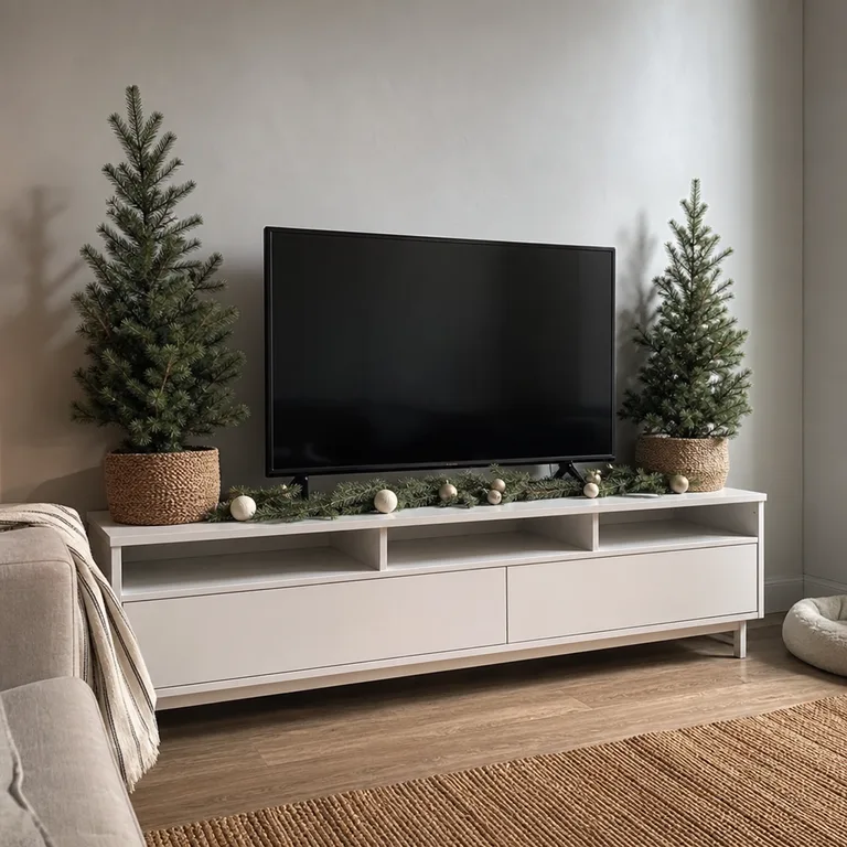 Two small tabletop trees in woven baskets flank a TV console with a low faux fir garland.