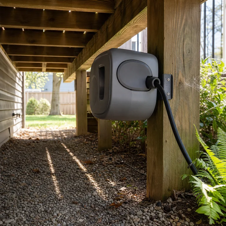 Retractable hose reel mounted beneath the rail of a small raised deck.