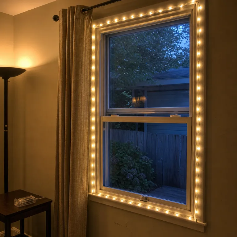 Battery micro lights clipped around a window's fixed outer frame while the sash remains openable.