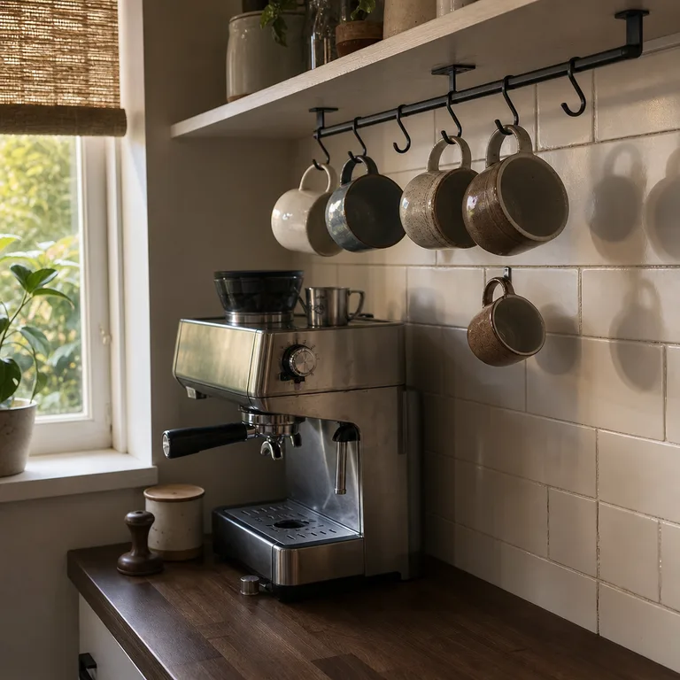 Ceramic mugs hanging from a rail under a kitchen shelf above a coffee machine.