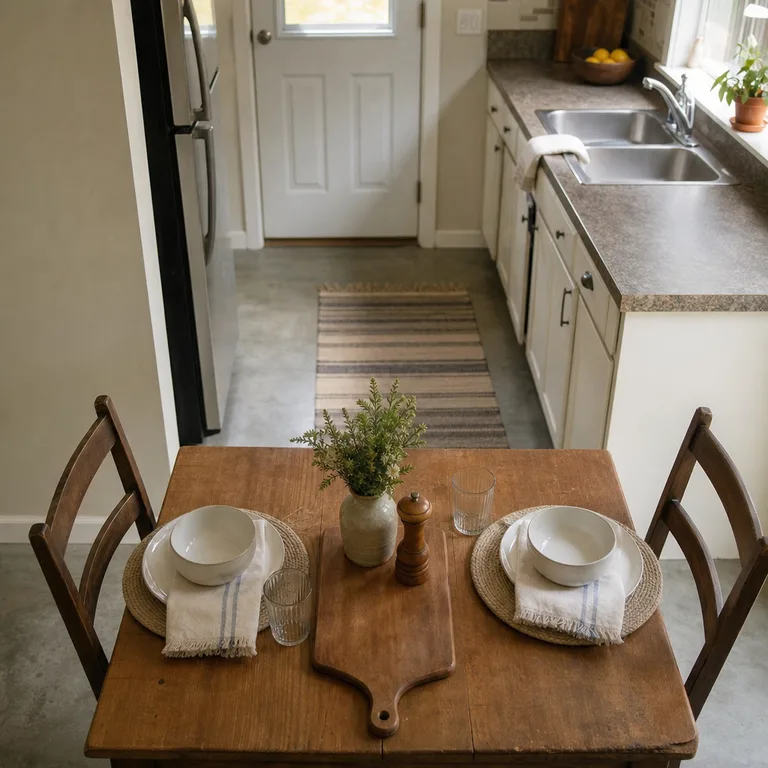 Small centerpiece grouped on a cutting board on a compact dining table.