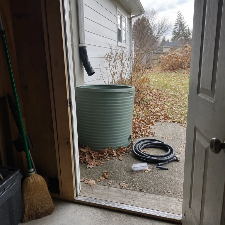 Empty rain barrel beside a small house with hose and cleaning tools ready for seasonal maintenance.