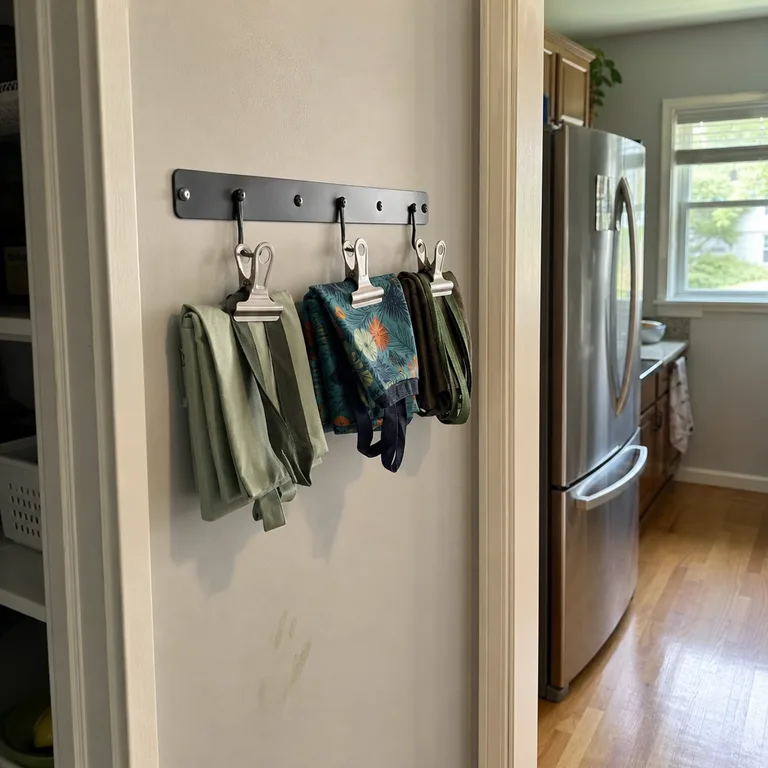 Folded reusable bag bundles hang from clips on a black utility rail beside a pantry.