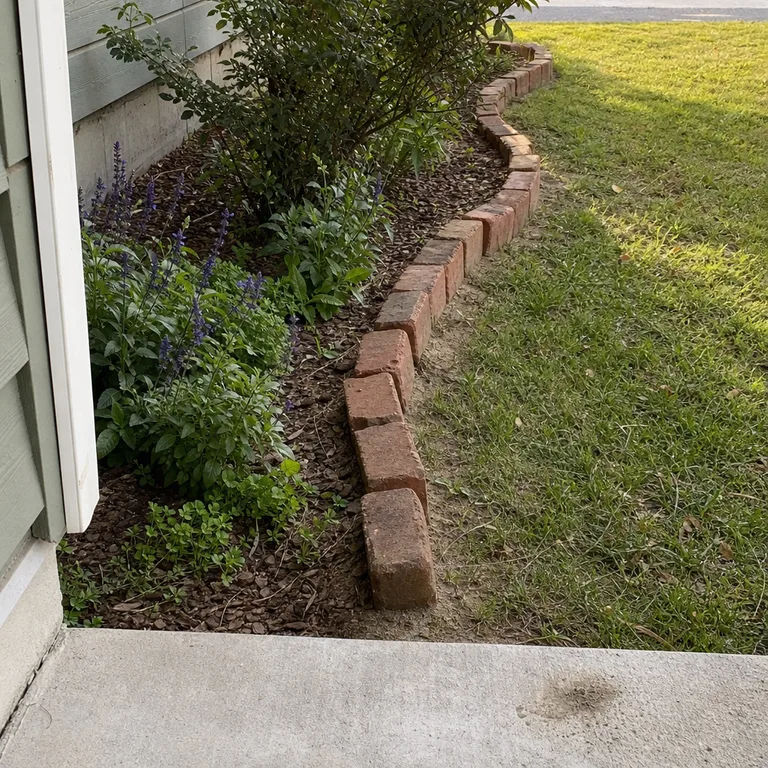 Upright clay bricks edging a small flower bed beside a concrete porch step.