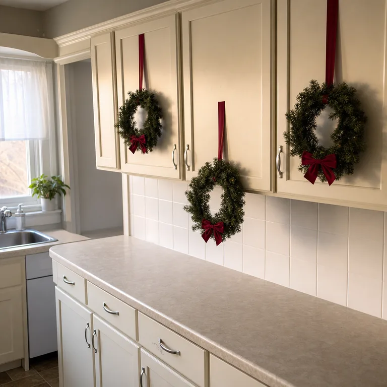 Three small evergreen wreaths hang on cream upper cabinet doors above a clear kitchen counter.