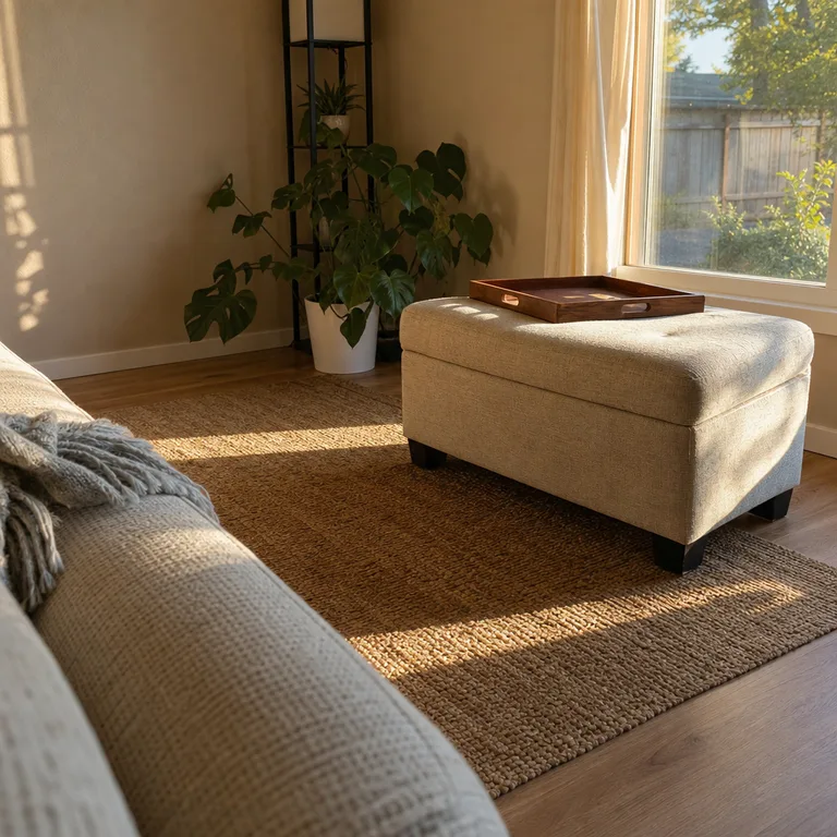 A firm upholstered storage ottoman serving as an extra seat in front of a compact sofa.