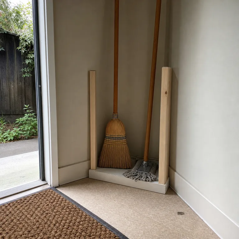 A narrow open wood slot in an entryway corner holds a broom and flat mop upright.