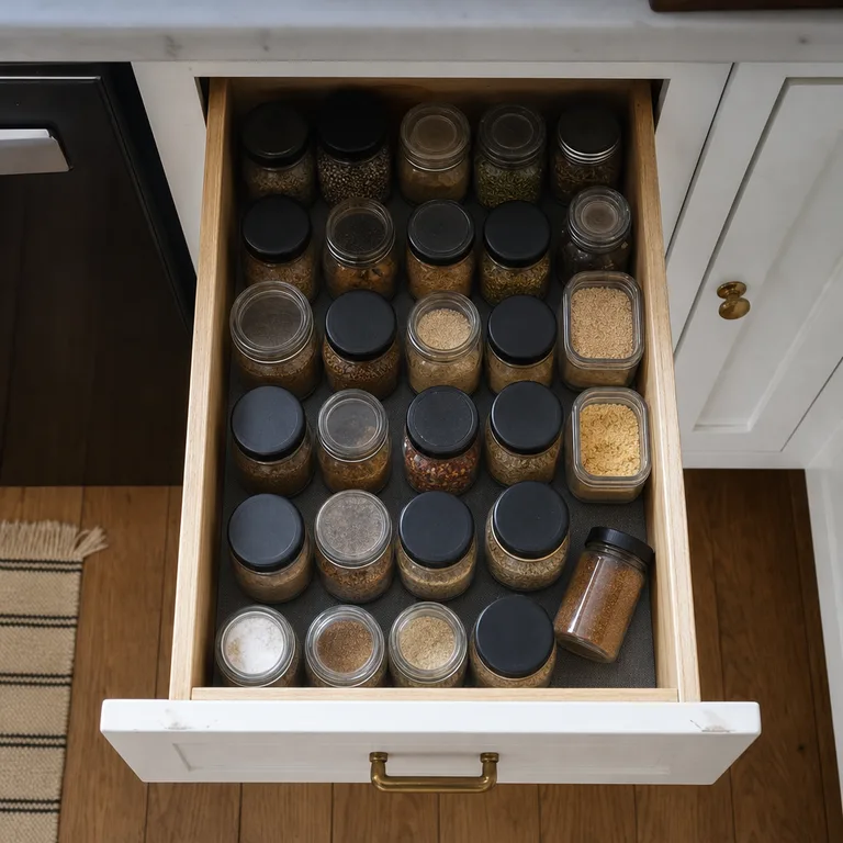 Mixed spice jars laid flat in rows inside a shallow lined kitchen drawer.