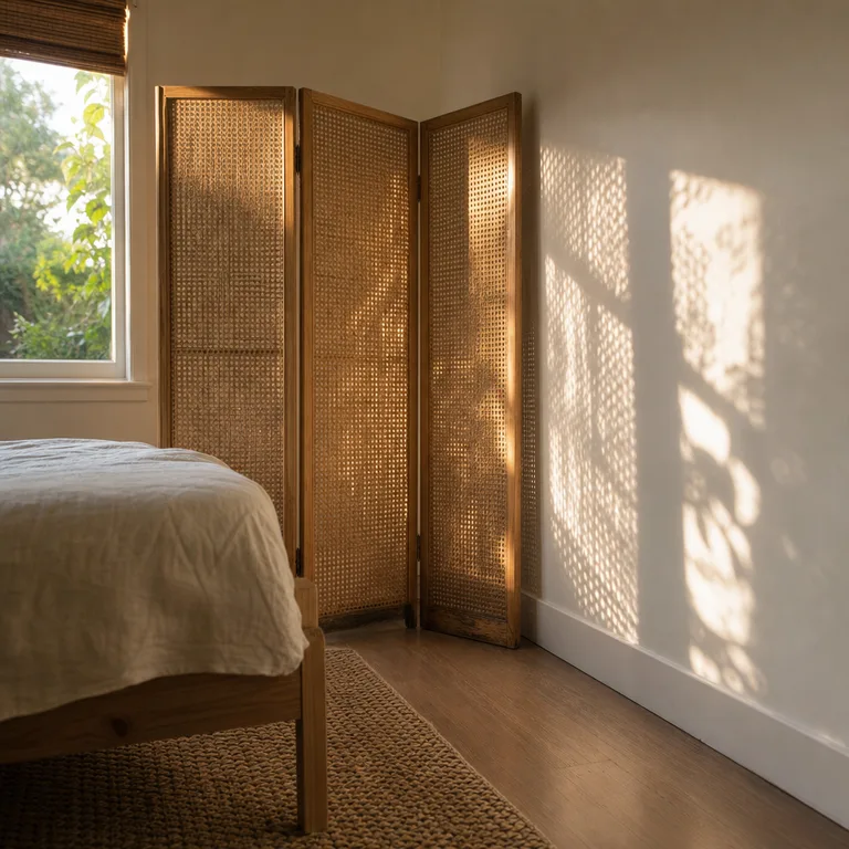 Natural rattan folding screen positioned as a backdrop behind a basic wood bed.